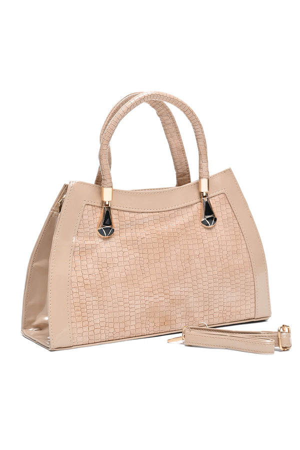 B8167-BEIGE CROCODILE EMBOSSED HAND BAG